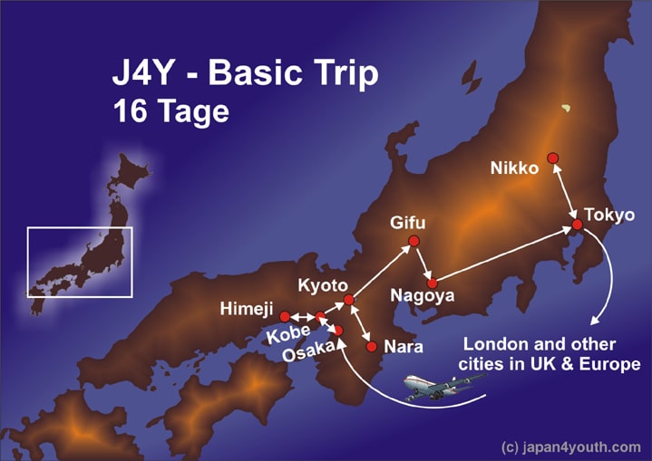 Explore Japan with a basic 16-day trip travel map, designed for an unforgettable Japan Youth Travel adventure.
